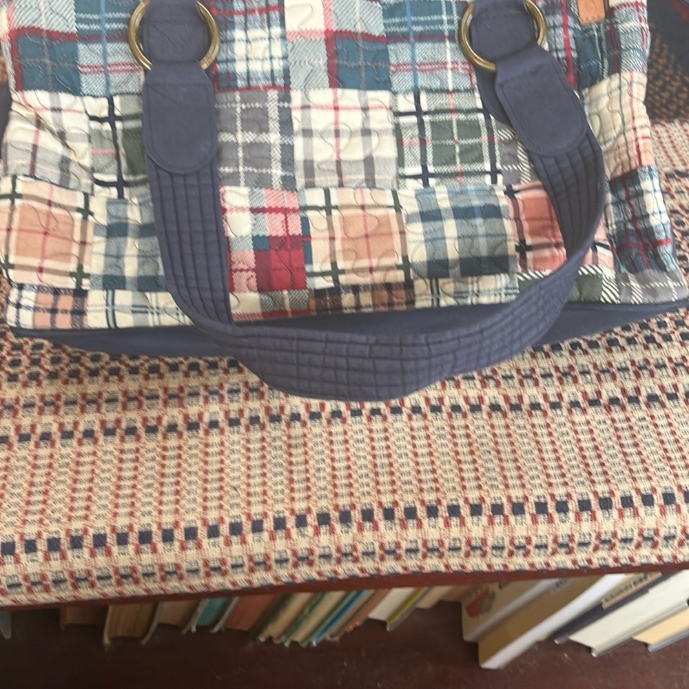 Donna Sharp plaid patchwork bag with straps.